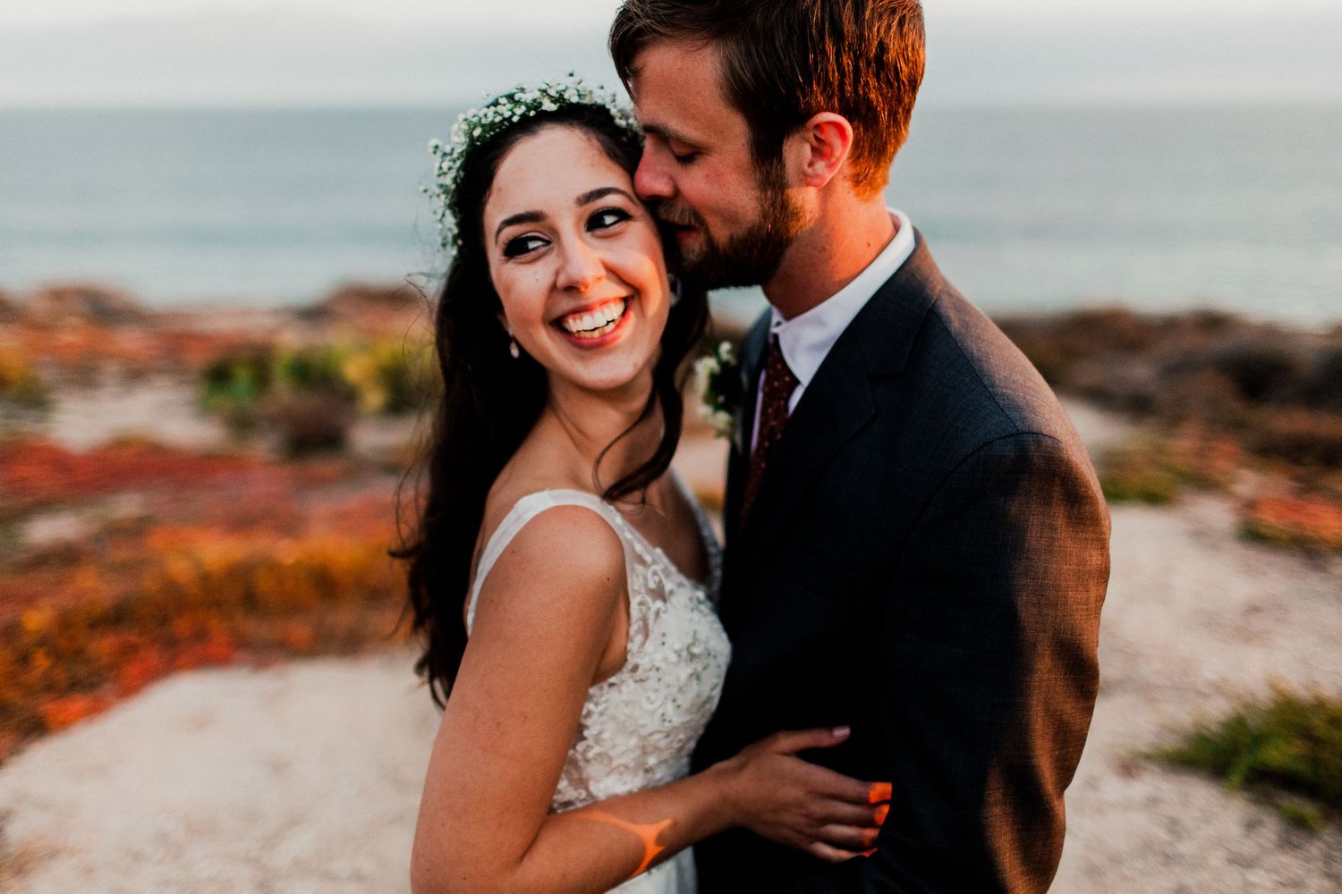 bride and groom portrait session golden light