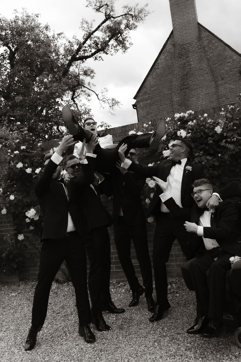 groom and groomsmen fun photo at Primrose Hill farm Wedding- Photo by Primrose Hill Farm Wedding Photographer, Olivia J Morgan Photography