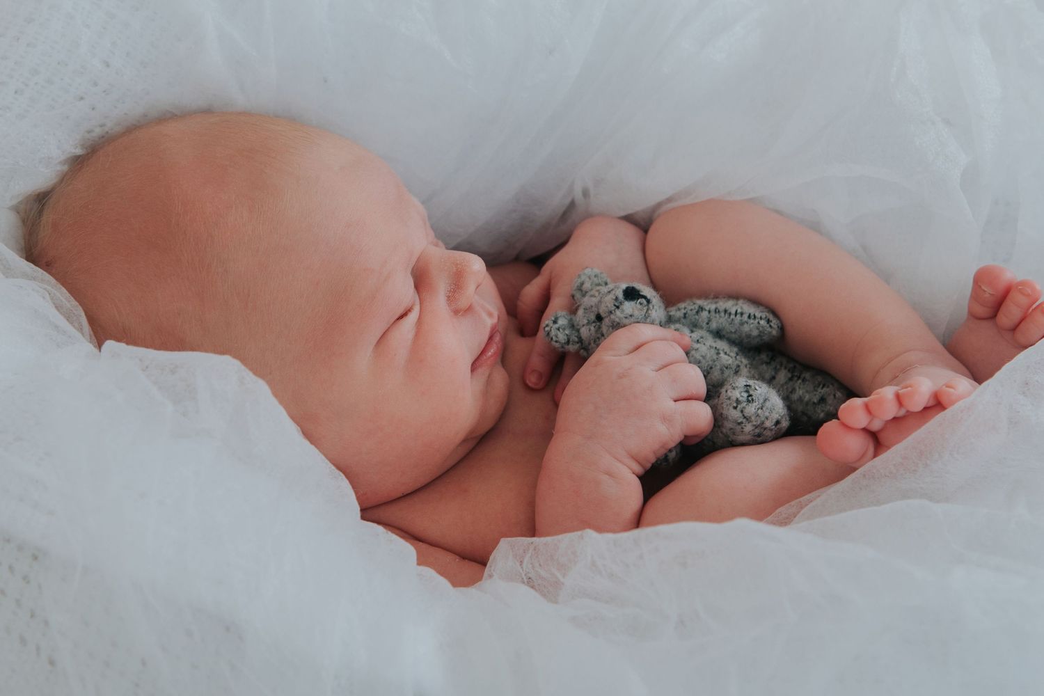 Newborn baby holding teddy by Devon newborn photographer Melanie Barnfield