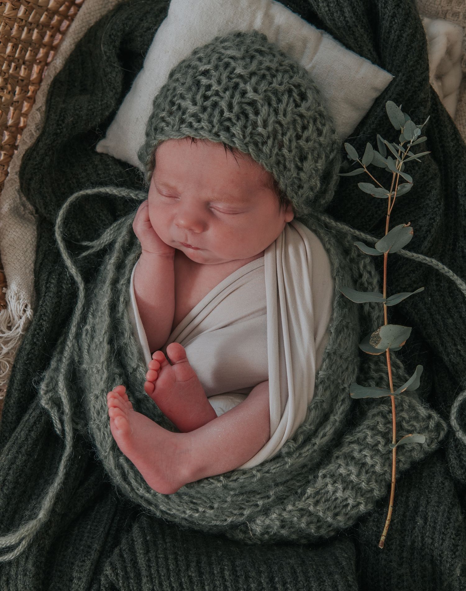 Newborn baby with green plant and hat by Melanie Barnfield Photography