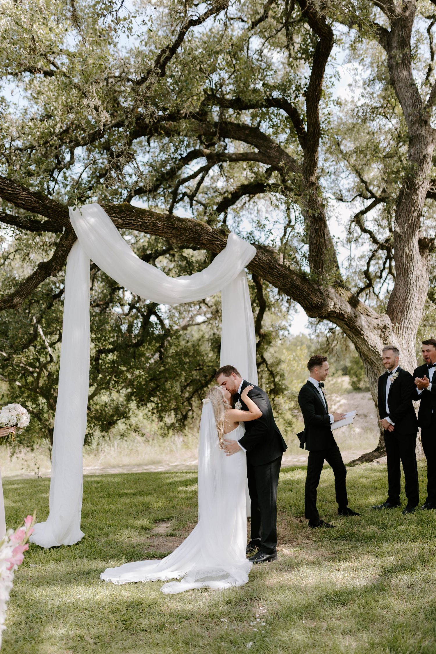 Outdoor wedding ceremony under a draped white arch and old oak trees on a grassy hill.