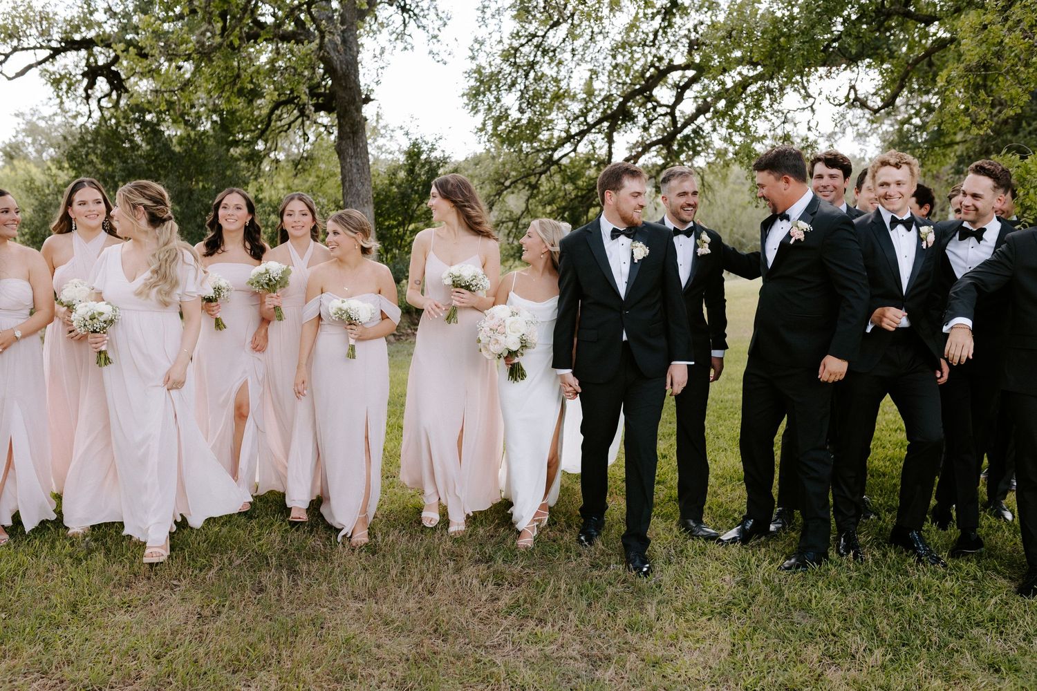 Wedding party lined up outdoors with bridesmaids in blush pink dresses and groomsmen in black suits.