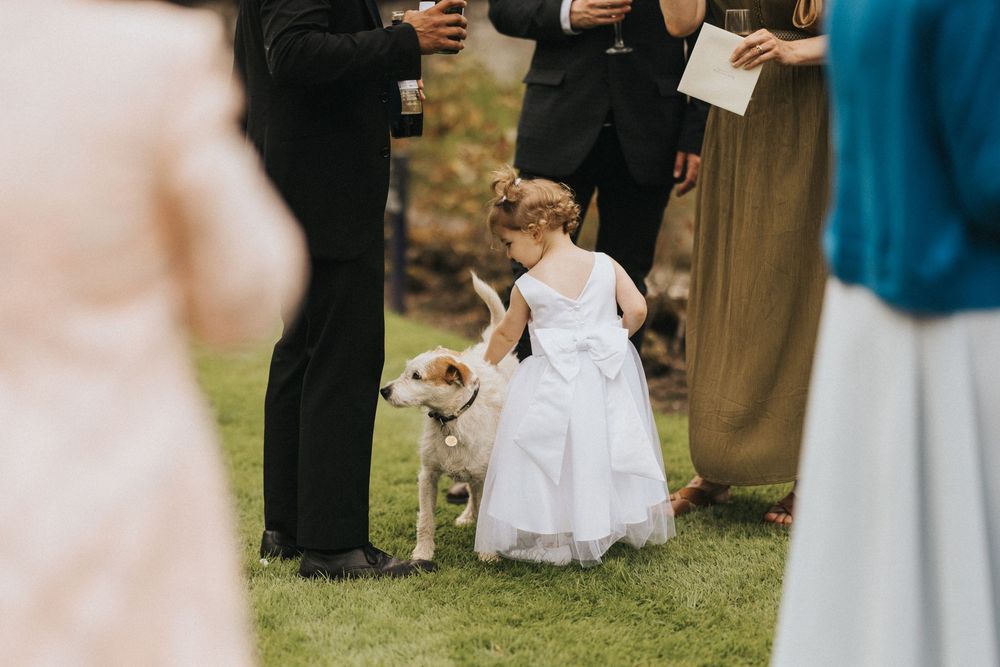 Wedding guests holding champagne glasses gather on a grass lawn during an outdoor reception celebration.