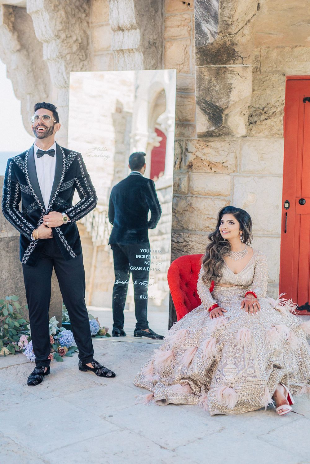 bride in a wedding lehenga by falguni shane peacock. captured by an Indian destination wedding photographer in Portugal - Forte da Cruz