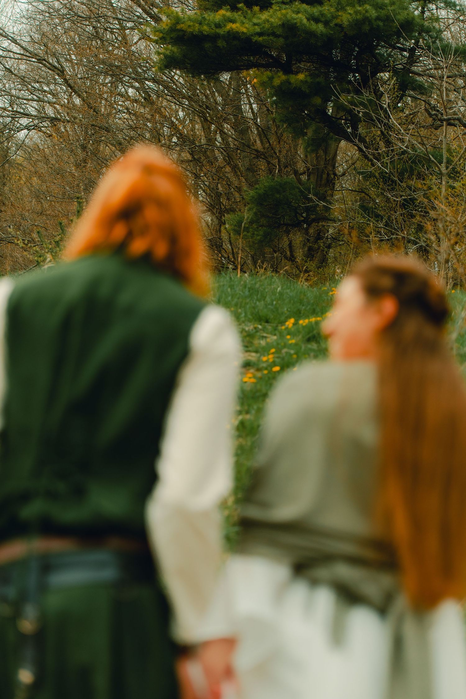 Couple walking into spring forest together.