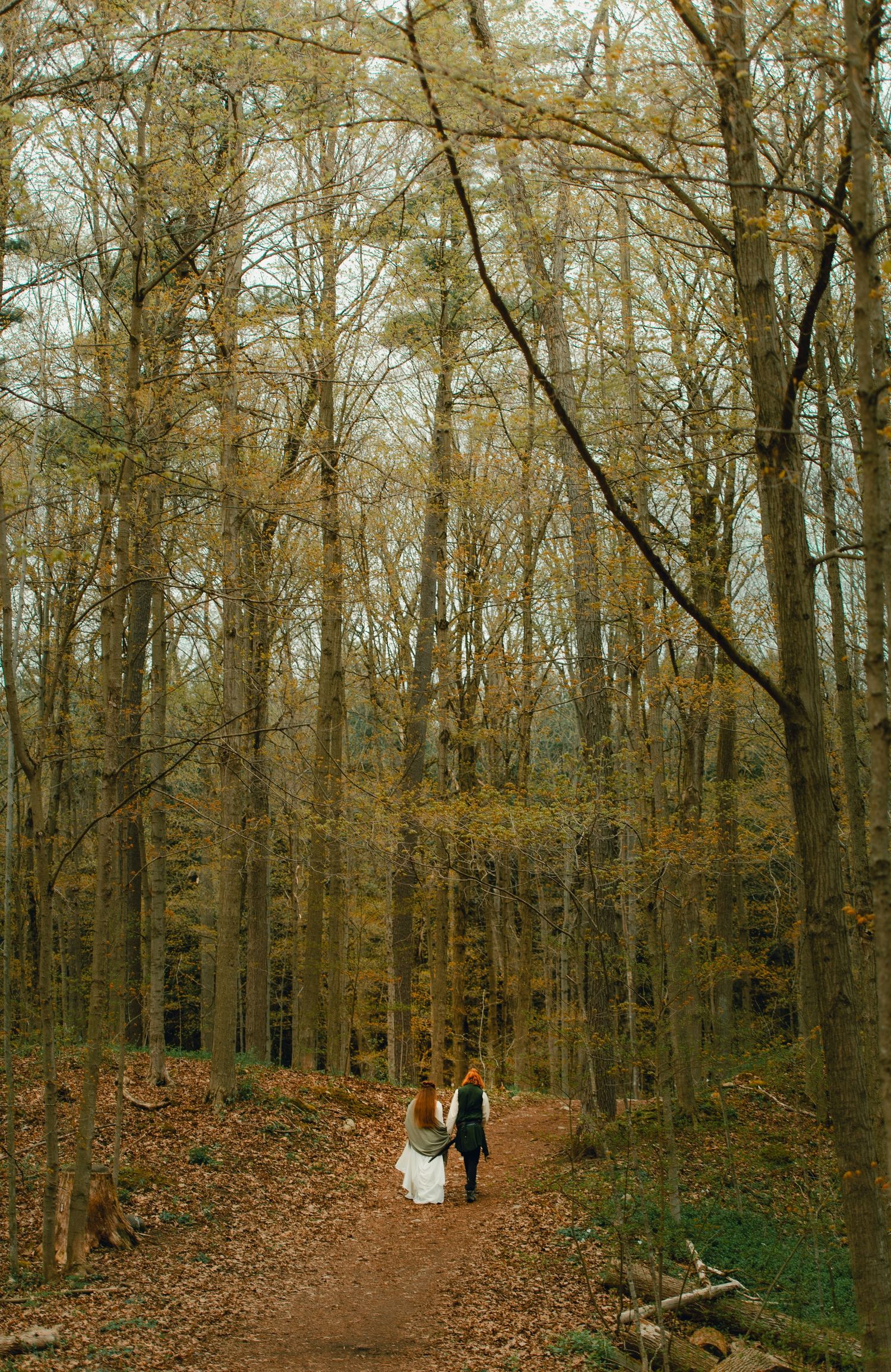 Bride and groom walking through fairytale forest together