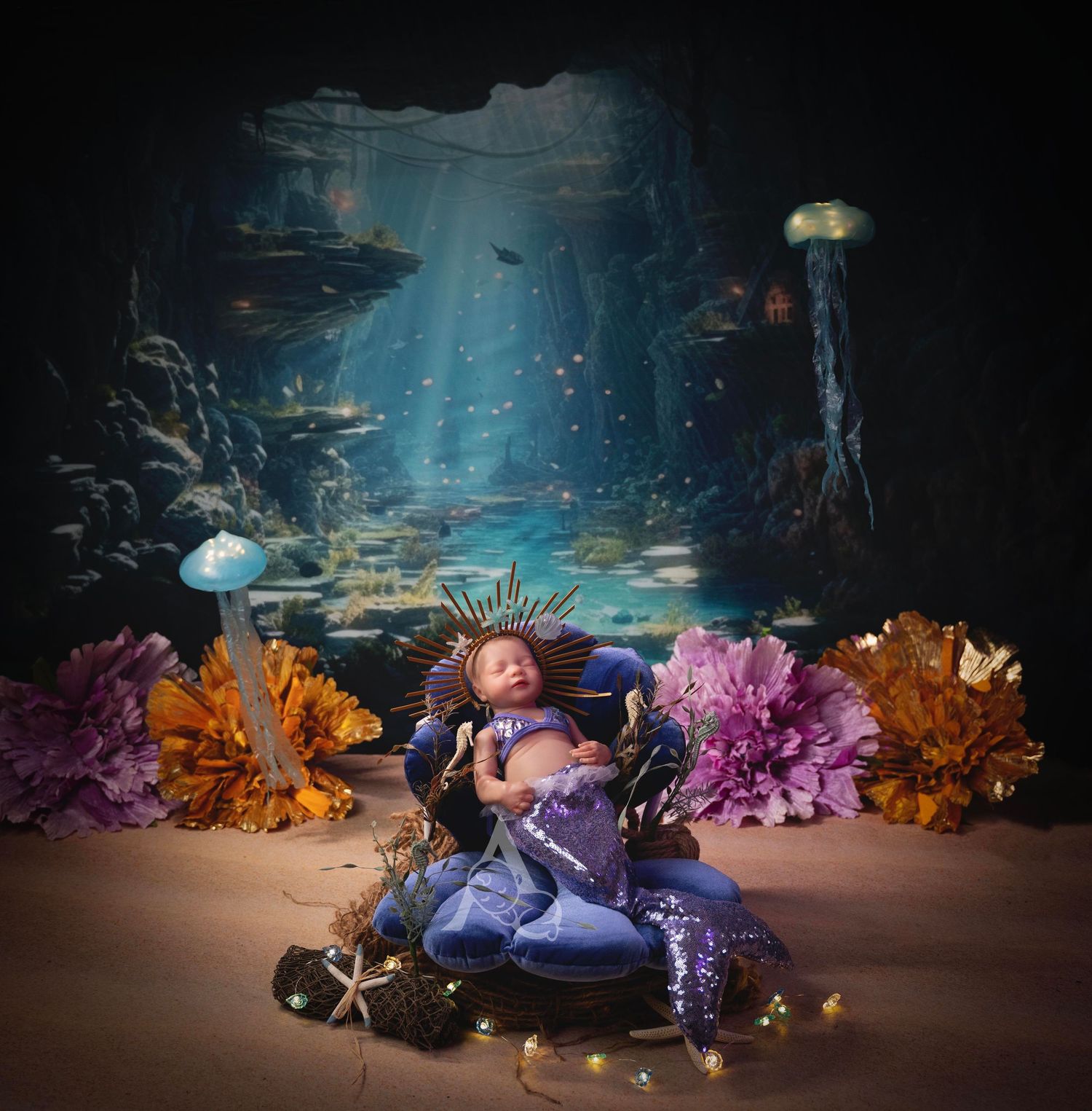 Fantasy underwater scene with jellyfish, coral, and mythical figure in purple costume.