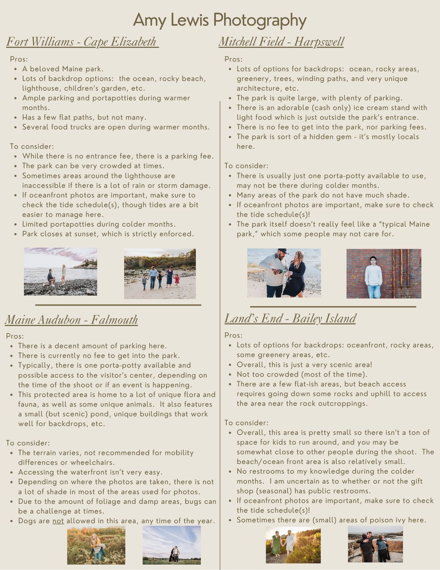 Southern Maine Portrait Photography location guide pages showing tips and rules for shooting photos at various parks and public spaces.
