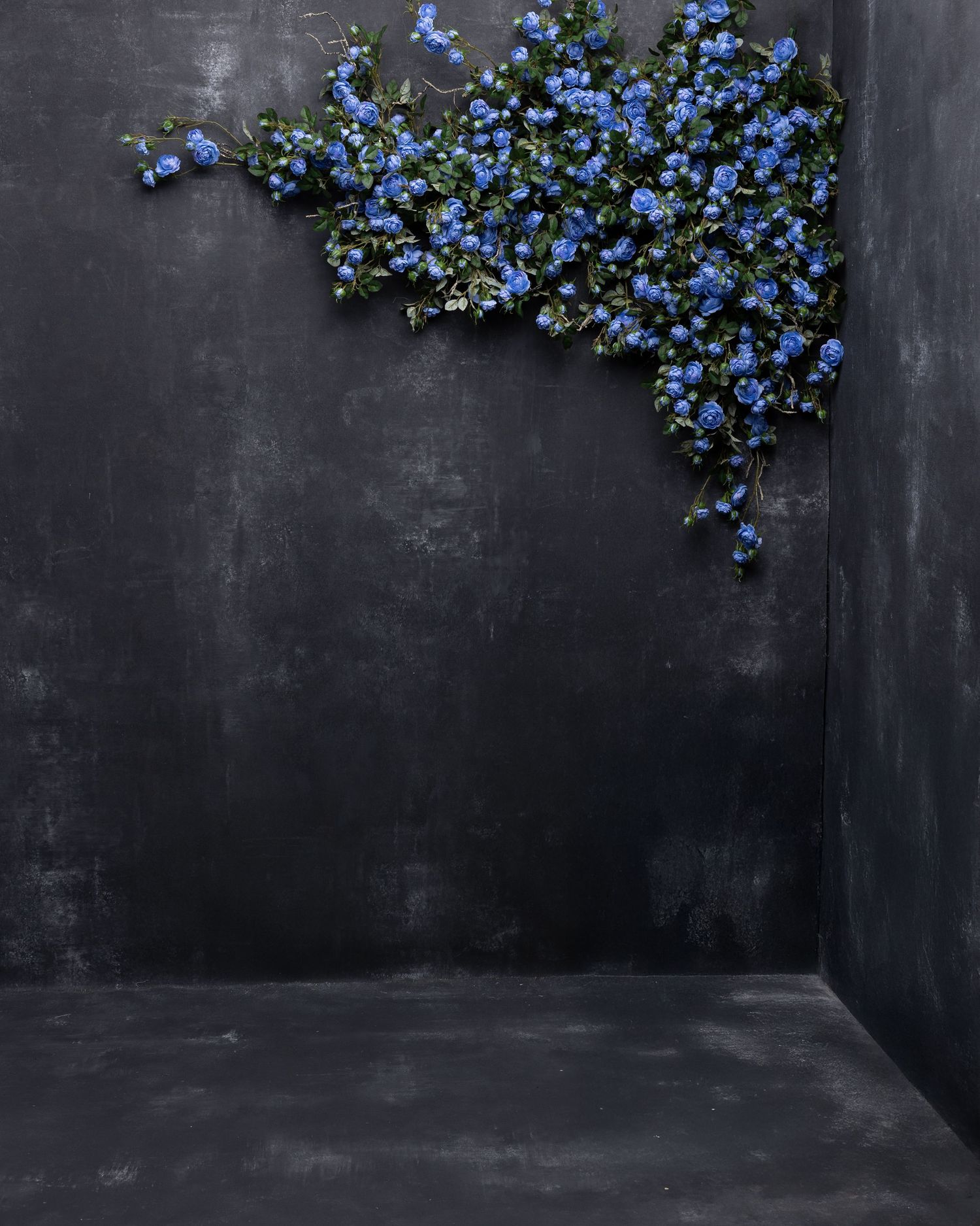Yellow flowers cascade over dark steps against a black wall creating dramatic contrast in an artistic composition.