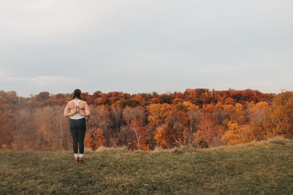 Autumn landscape with rolling hills and colorful fall foliage.