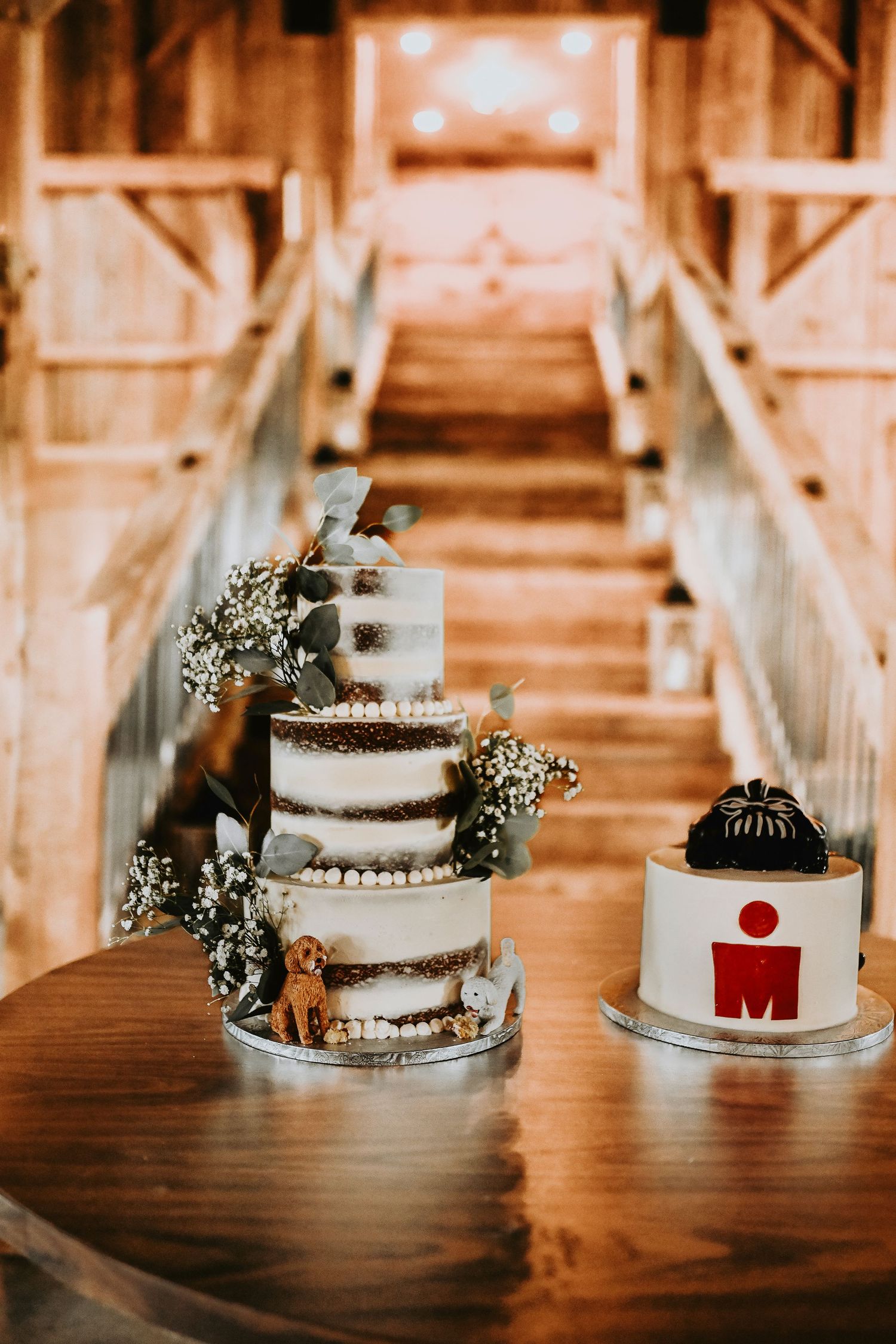 beautiful wedding photo in warm lighting inside the madelyn wedding venue of three tiered naked wedding cake and darth vader groom's cake
