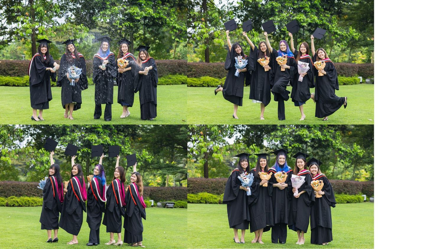 Graduates in black robes jumping joyfully together on a green lawn in multiple group photo poses.