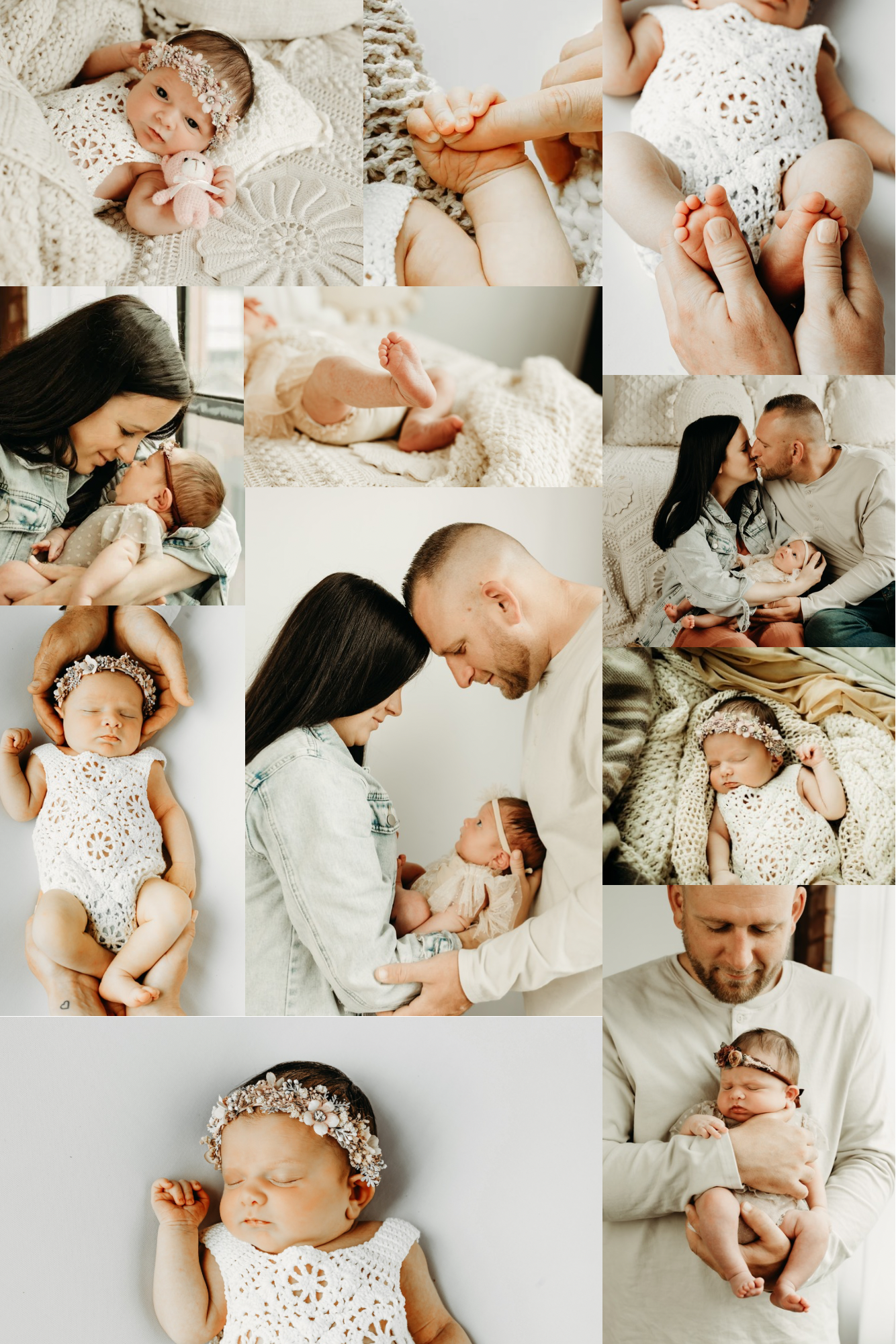 A collage of intimate newborn photography moments showing a baby in white lace clothing with parents on white bedding.