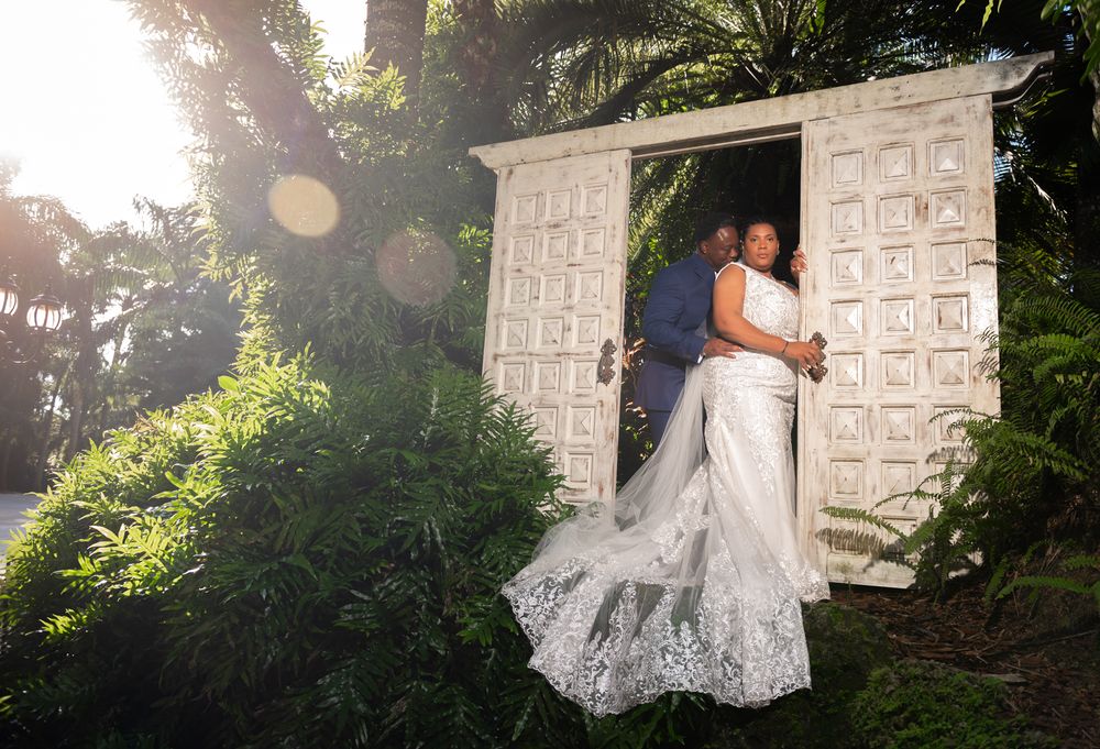 Stylized elopement flat lay with tropical details, photographed by Florida destination wedding photographers.