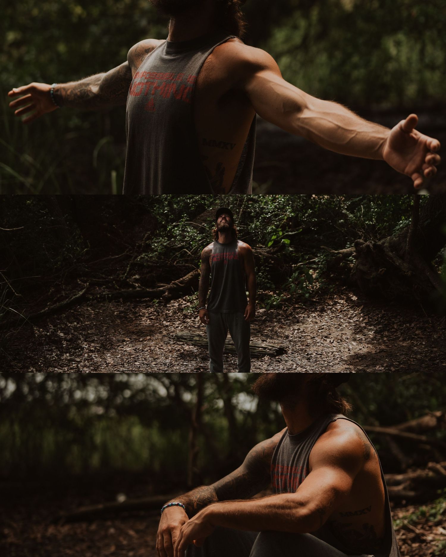 A dancer in a short dress performs an expressive dance move against a dark forest backdrop.