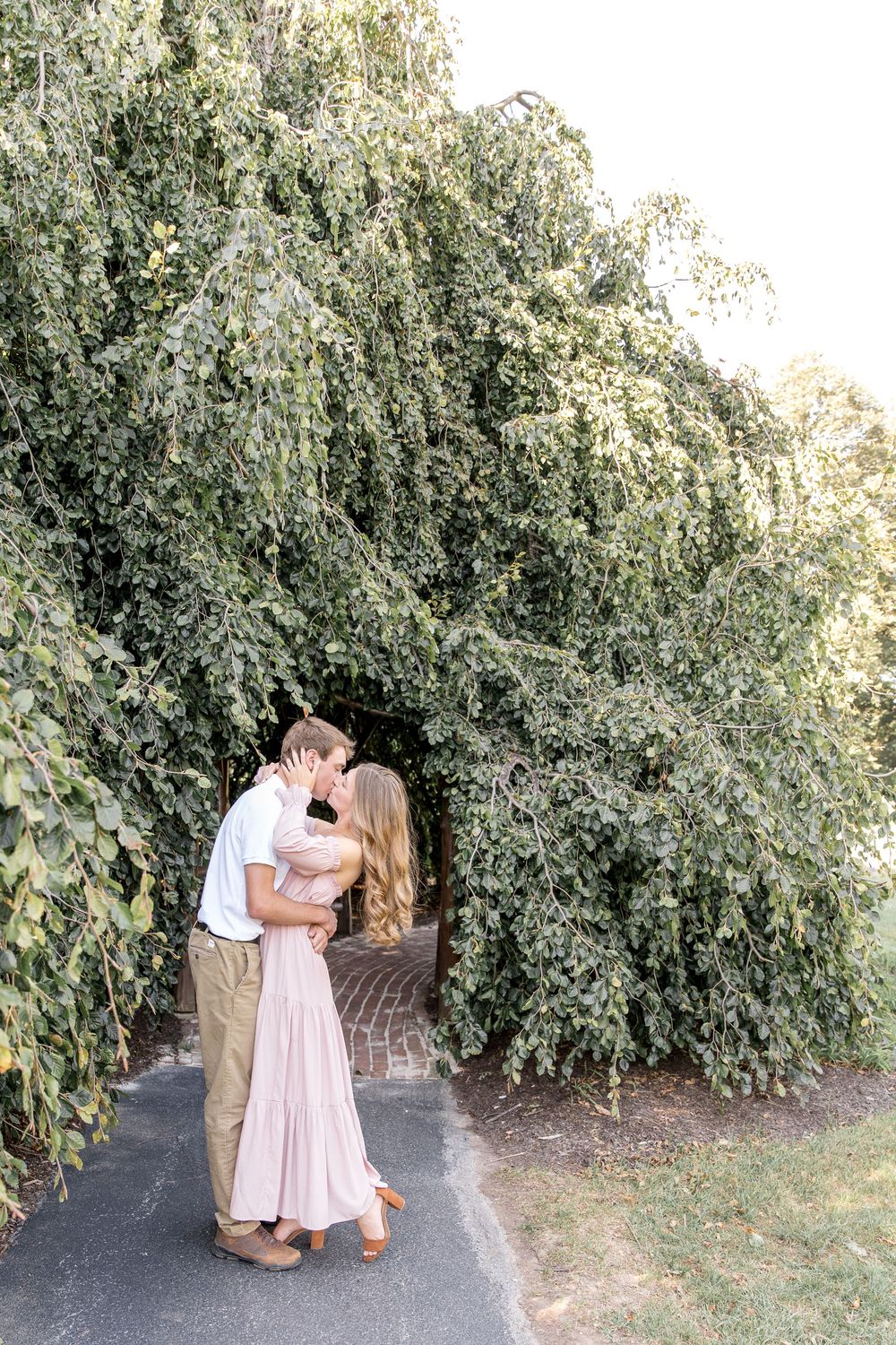 A couple embraces on a pathway surrounded by lush green foliage and overhanging trees on a bright summer day.