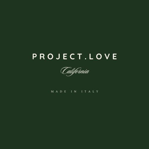 Project Love California logo in white text on a dark green background with Made in Italy text below.