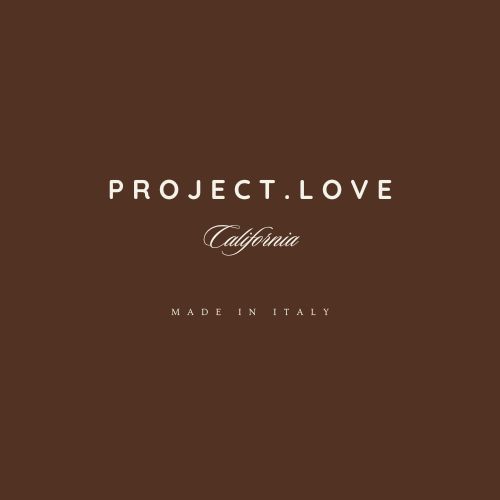 Project Love California brand logo with Made in Italy text displayed on a rich brown background.