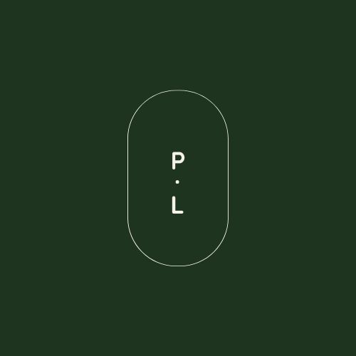 Minimalist oval logo design with P.L initials on dark green background.