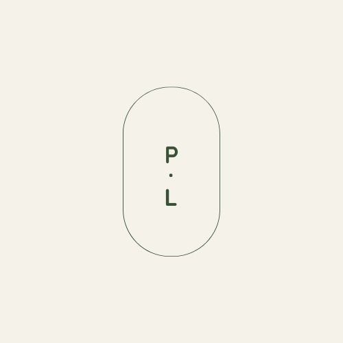 Simple oval-shaped logo featuring P.L initials in green on off-white background.
