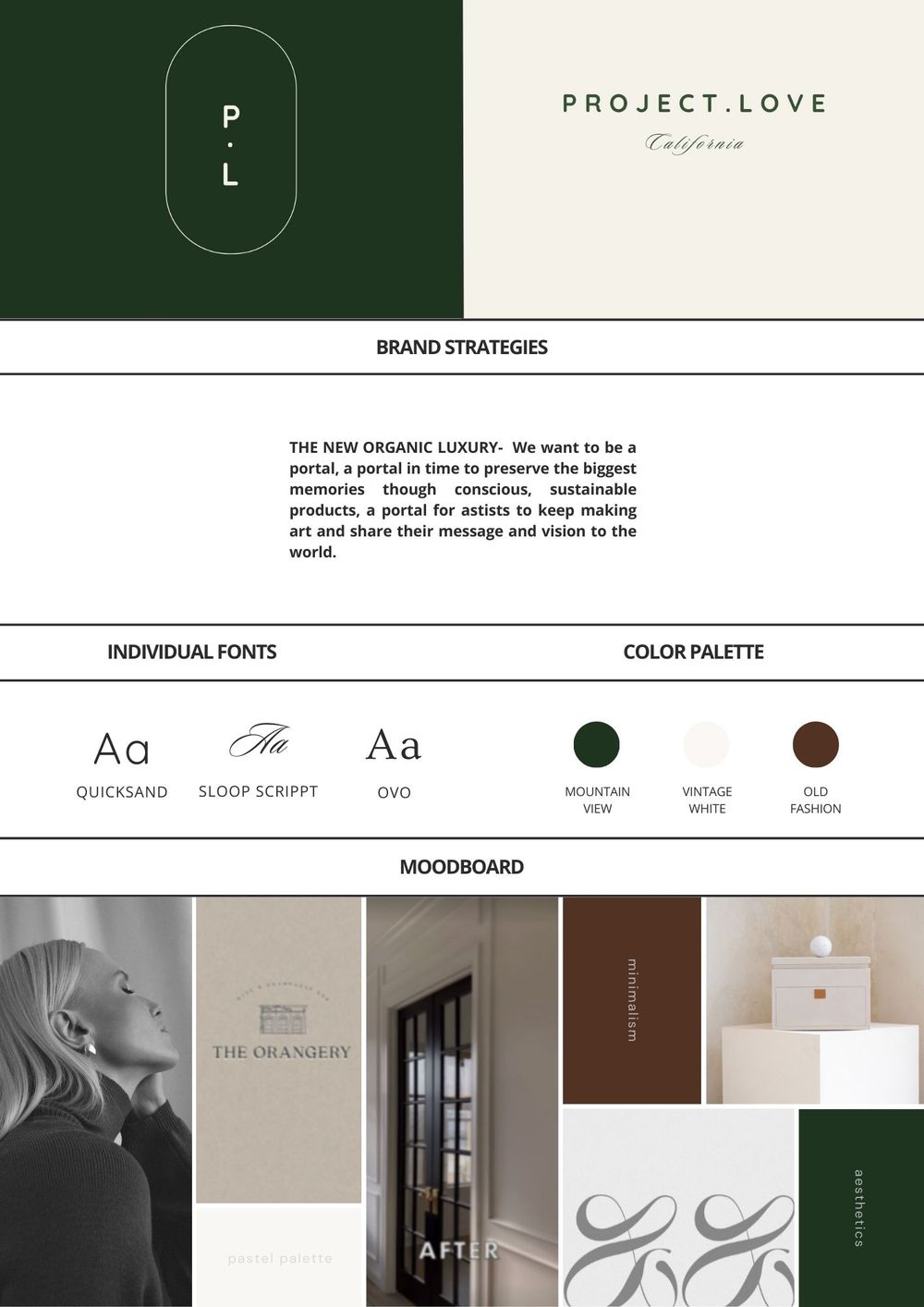 Modern brand identity moodboard featuring dark green and brown color palette with minimalist typography and photo elements.