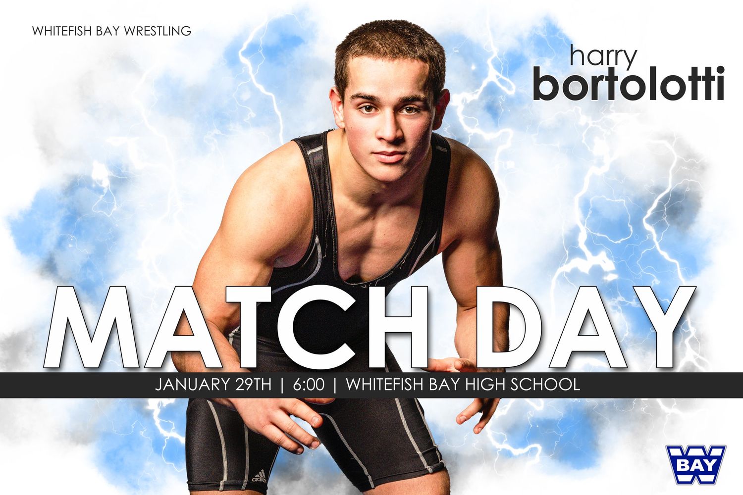 A wrestling promotional poster featuring an athlete in a black singlet against a blue and white background with MATCH DAY text.