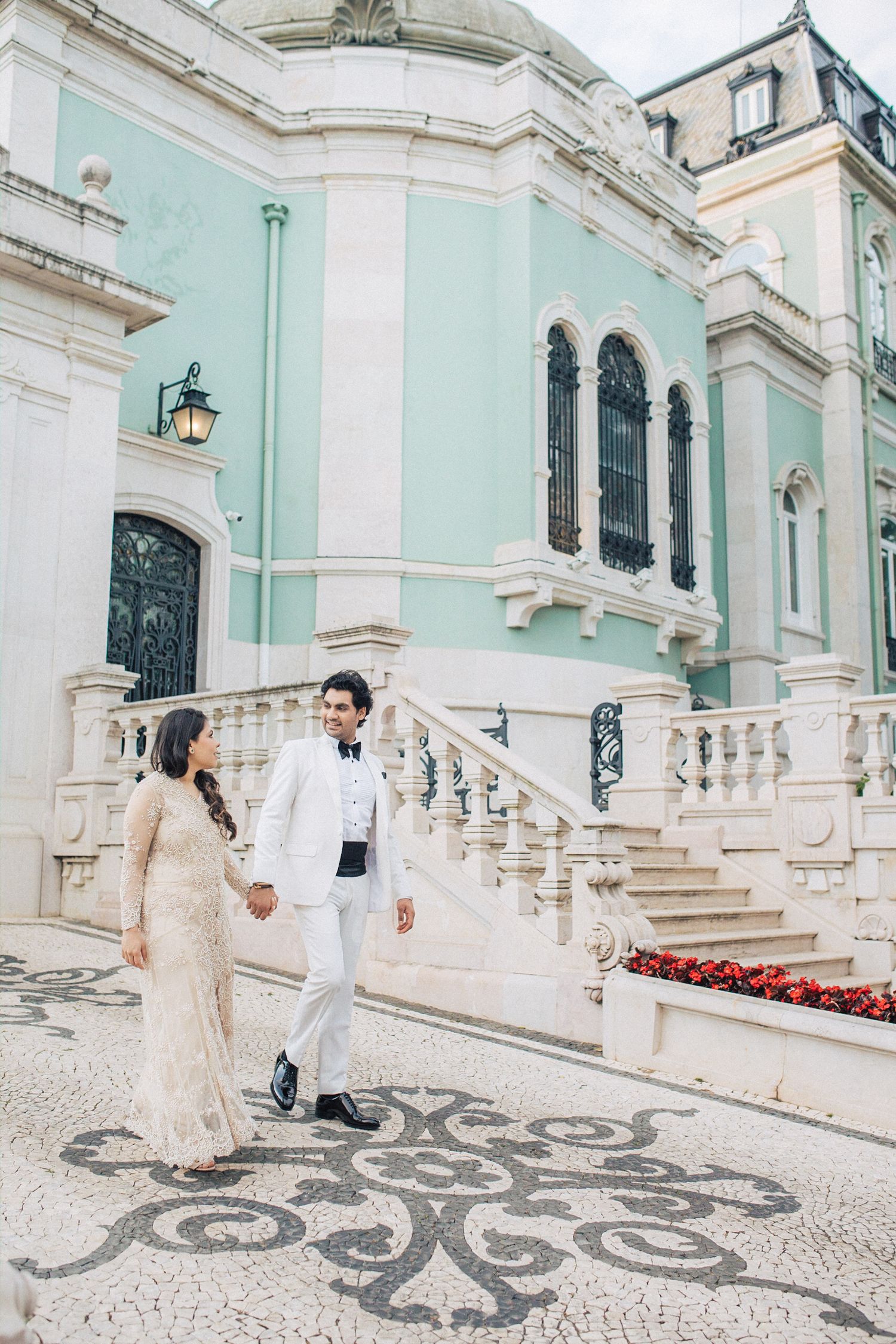Indian couple in a luxurious engagement photoshoot at the Madonna Suite, Pestana Palace, Lisbon.