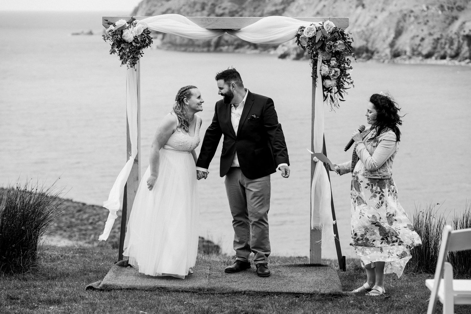 black and white close up of married couple, a nice moment between them.