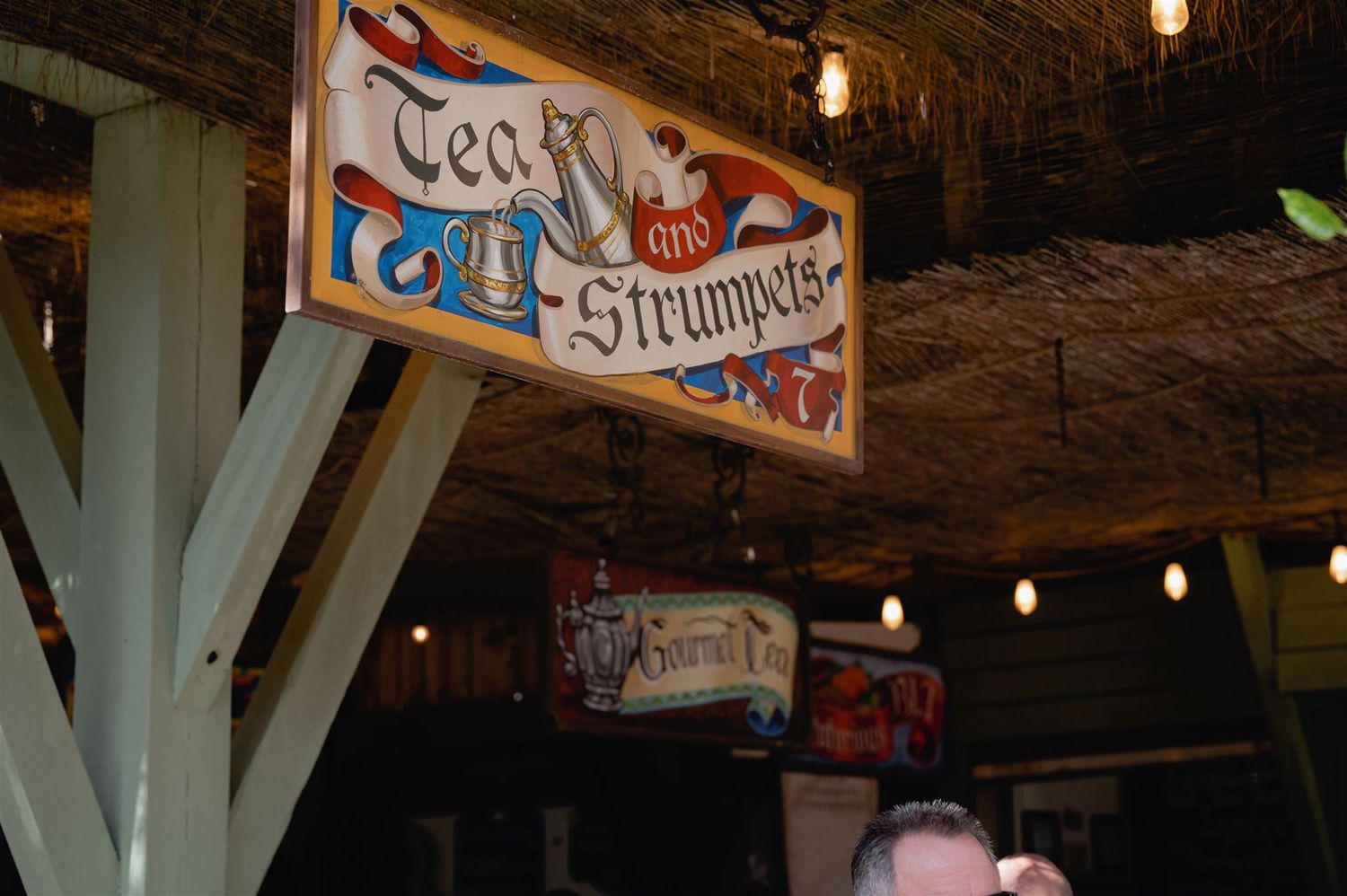 A vintage-style banner reading 'Teed Time Strummers' hangs from wooden beams with string lights in a rustic setting.