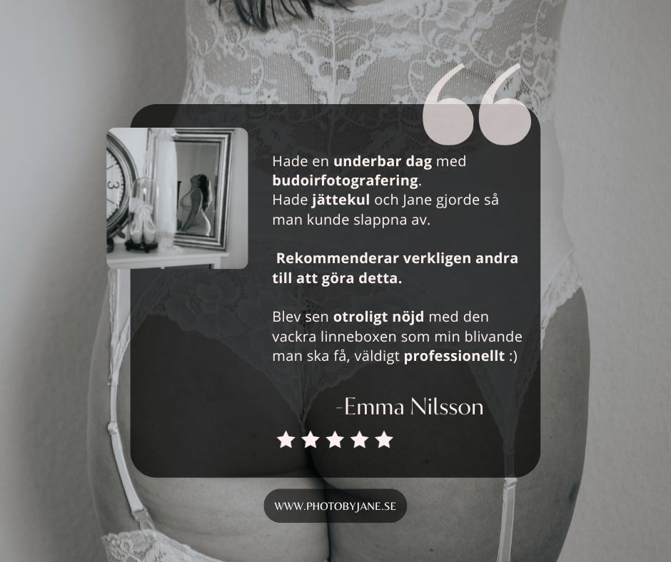 Fina ord från kund efter hennes morgongåva, fotograferad i boudoir studion hos Fotograf Jane Svensson, Photo By Jane.