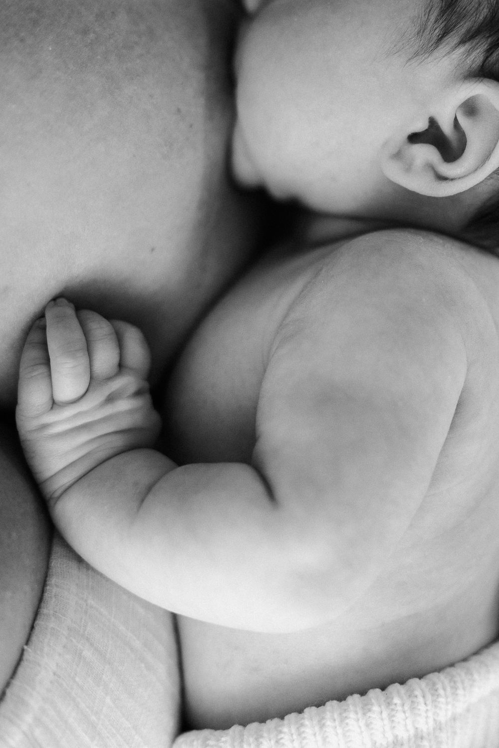Black and white close-up of a tiny baby hand and arm pressed against soft blanket material.