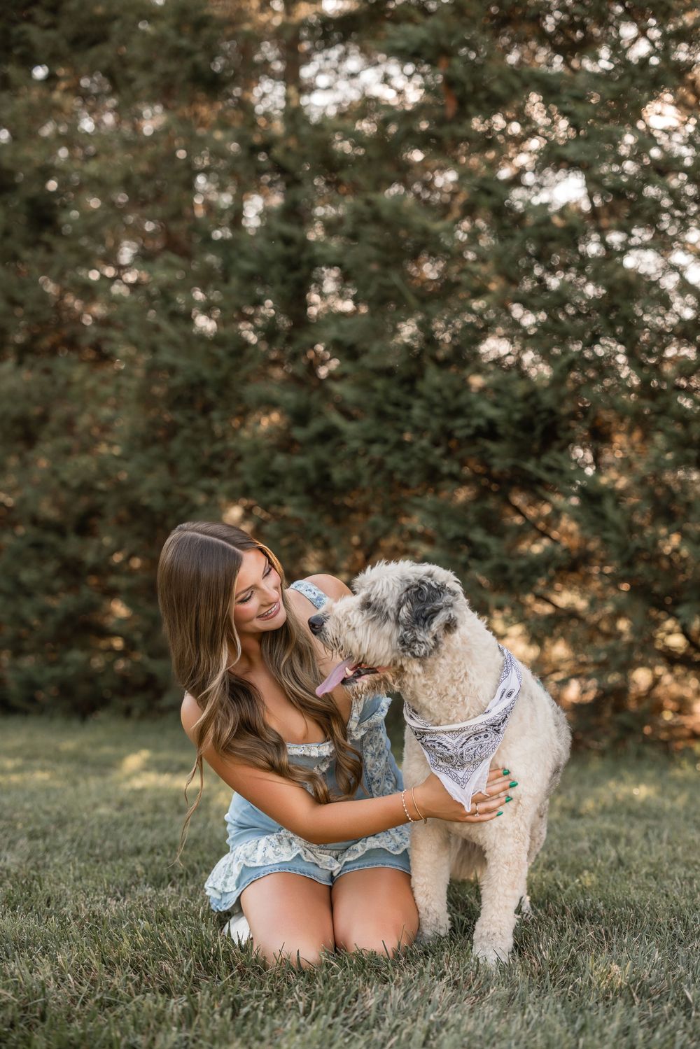A fluffy goldendoodle dog wearing a bandana shows affection to someone kneeling on grass during golden hour.
