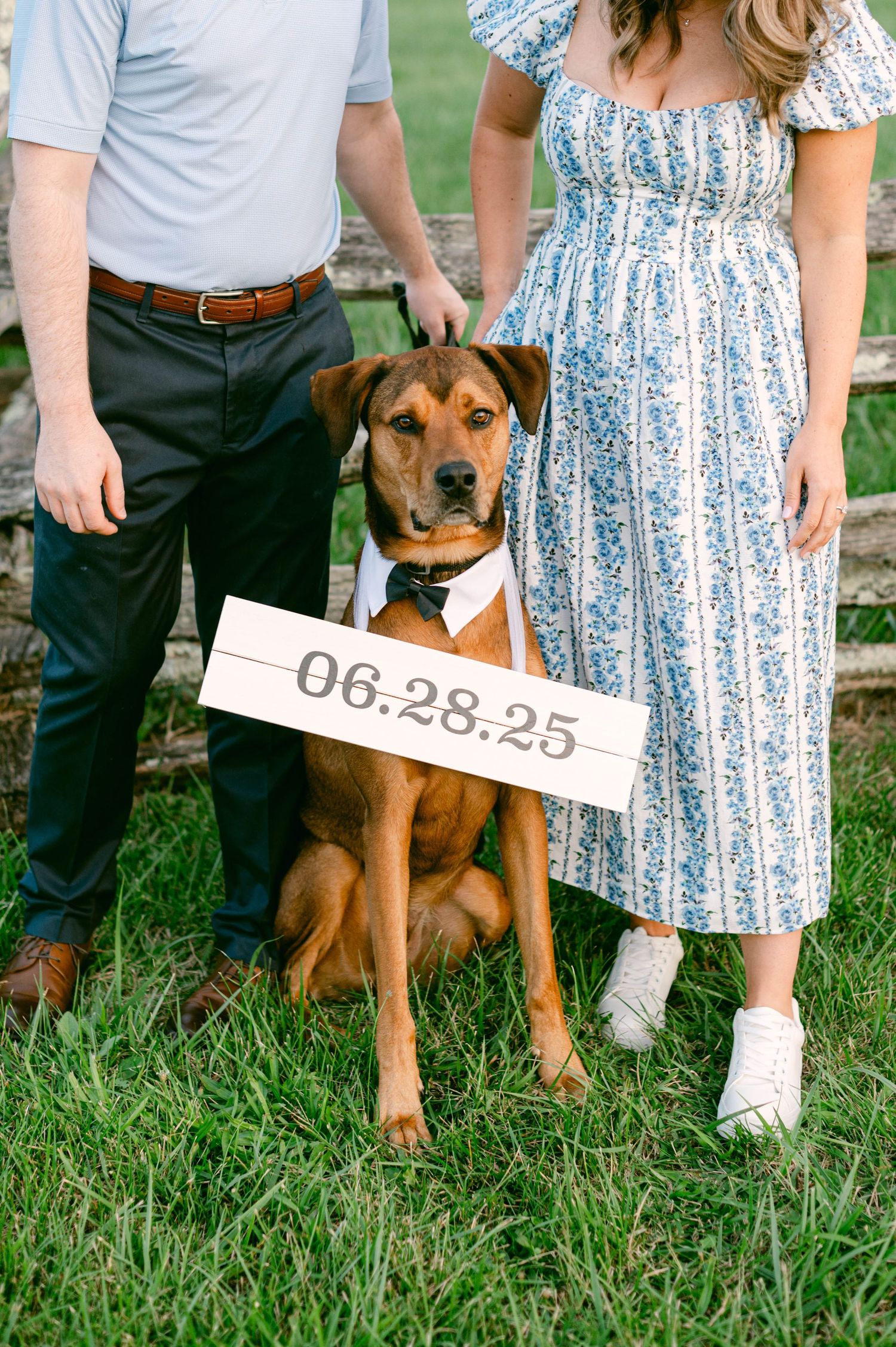 A brown dog wearing a sign displaying wedding date while posing with couple in casual attire.