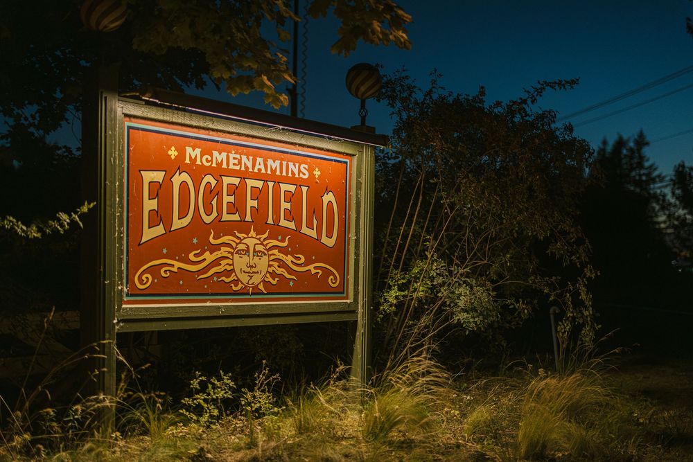 Vintage wooden signs illuminated at dusk showcase rustic storefronts and business names along a rural street.