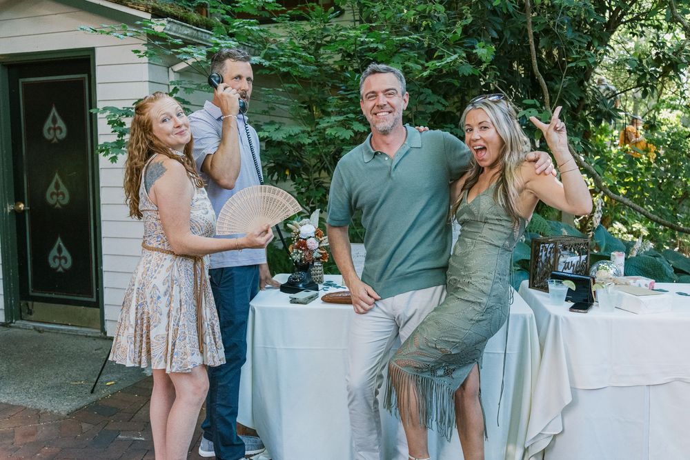 A series of candid outdoor moments at a casual gathering showing people enjoying food and drinks on a patio.