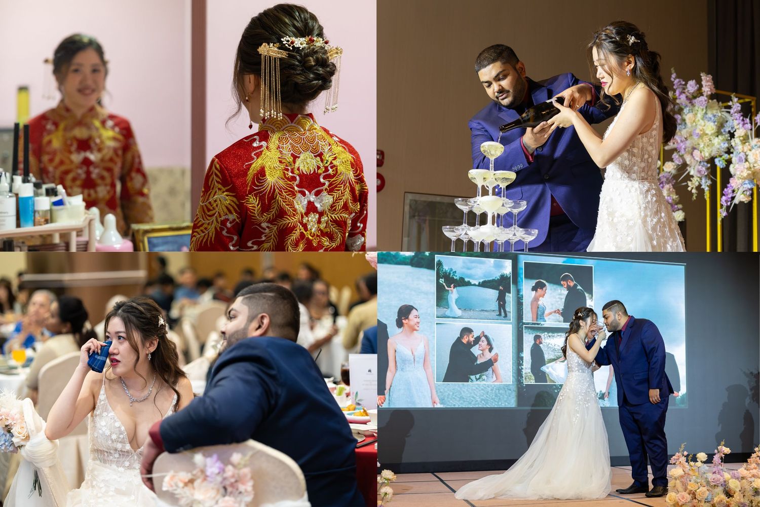 A collection of wedding reception moments showing cake cutting and celebration with guests in formal attire.