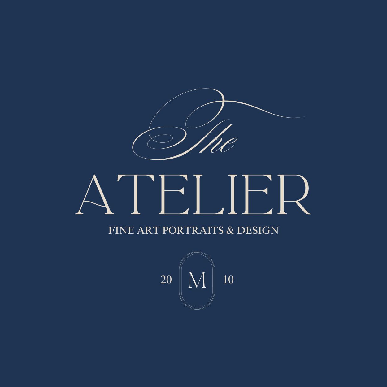 Elegant logo design for Atelier Fine Art Portraits & Design featuring elegant script text on a terracotta background.