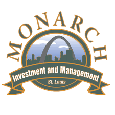 Monarch Investment and Management logo featuring St. Louis skyline silhouette in a circular design with green banner.