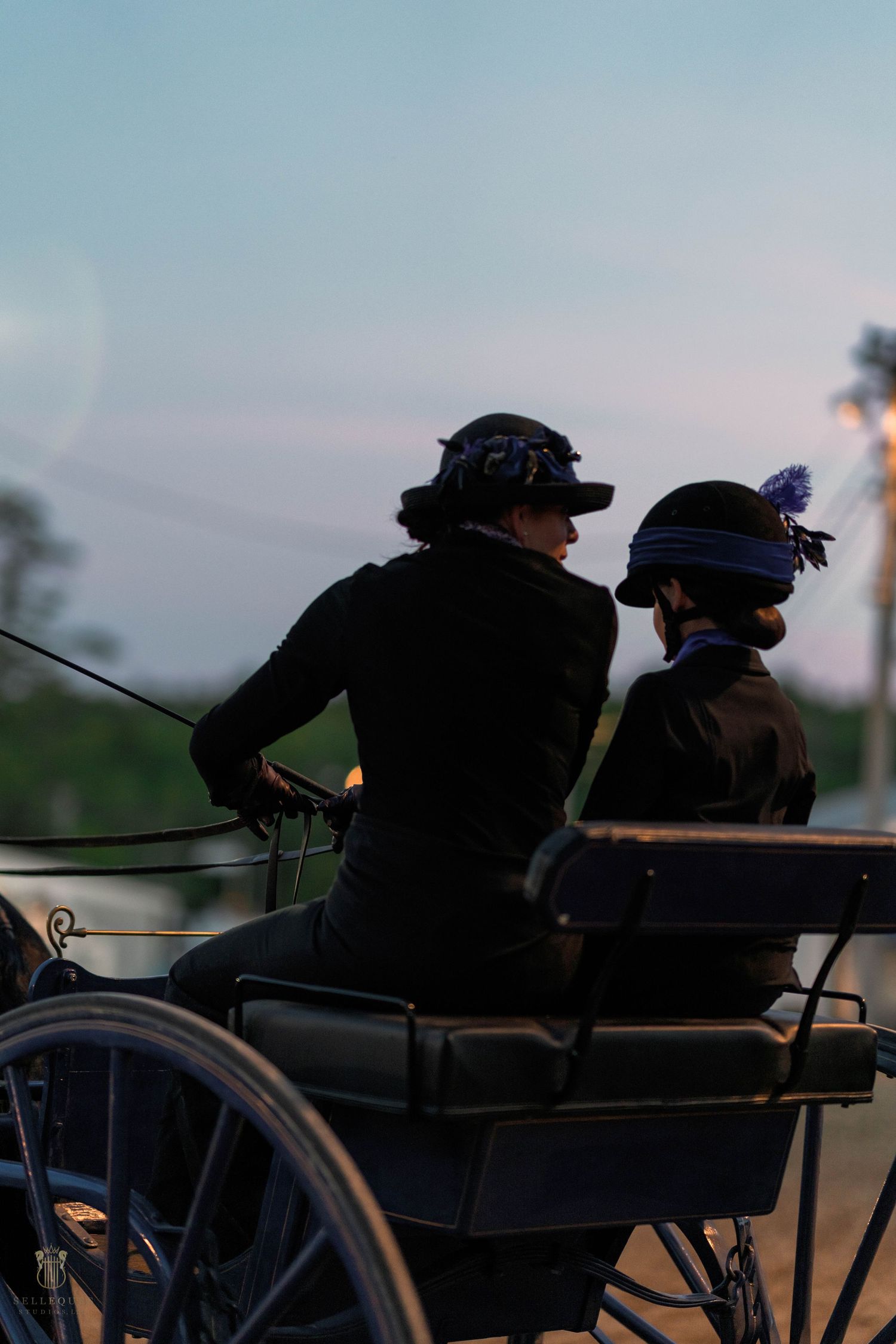 Two riders in traditional attire steering horse-drawn carriage at dusk.