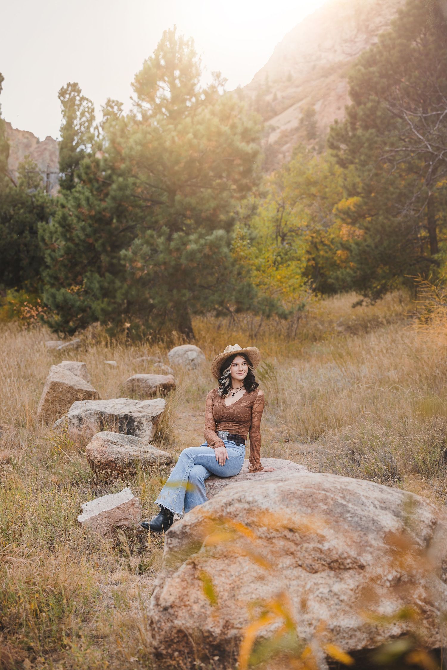 Person sitting on large rocks in a golden field during sunset with autumn trees in the background.