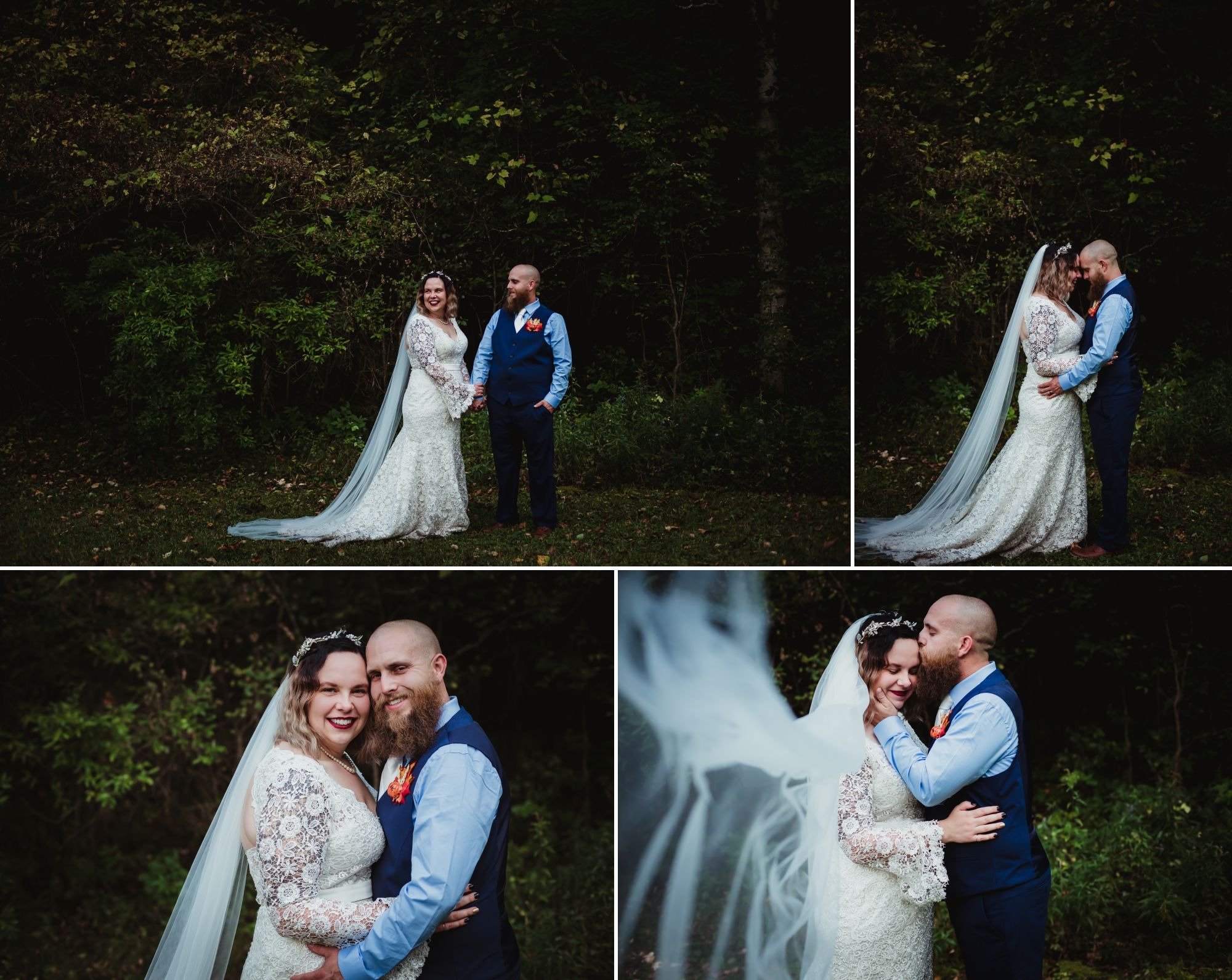 Man and woman in wedding attire. He wears navy pants and vest. She wears a lace dress and long veil.