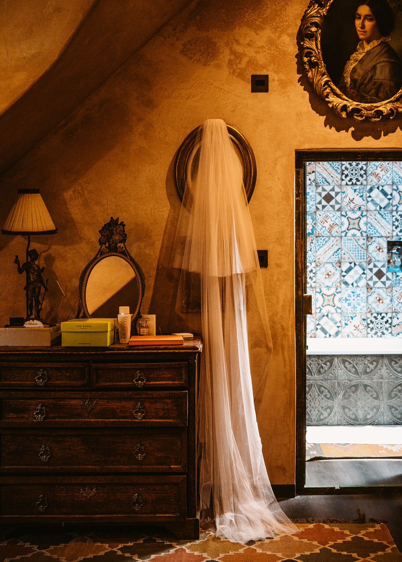 veil hanging in quirky boutique style bride prep room