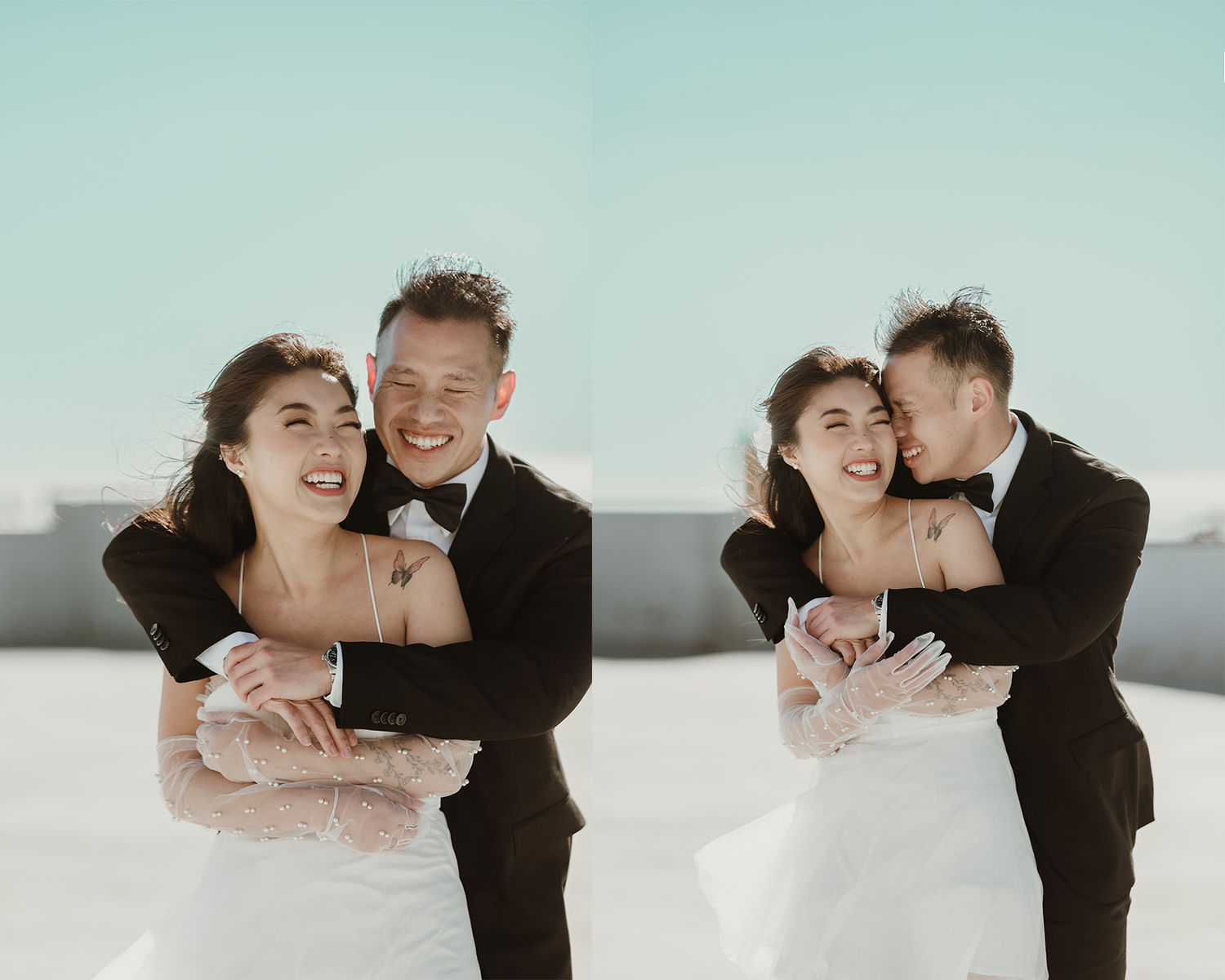 Playful wedding photography sequence showing a joyful couple embracing and laughing together.