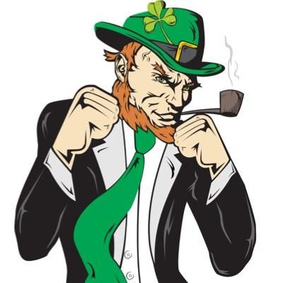 Cartoon leprechaun character in fighting stance wearing green hat and smoking pipe.