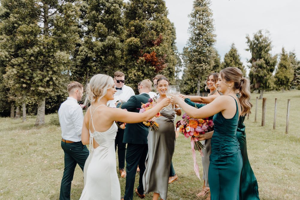 Wedding party shares celebratory champagne toast on green lawn.