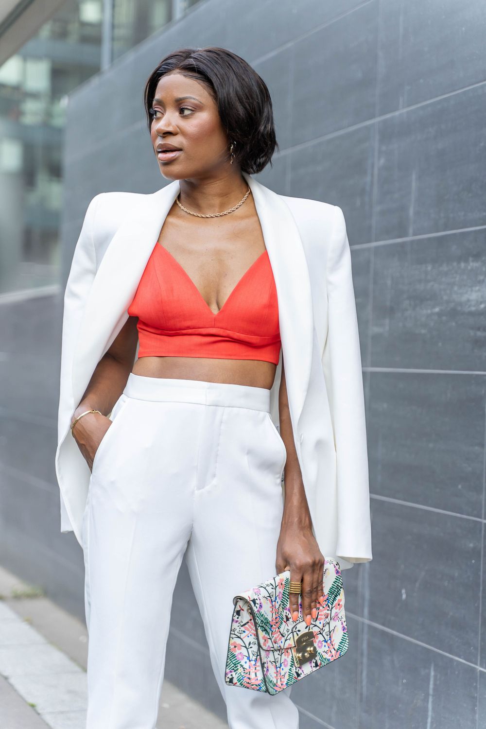Woman wearing white suit