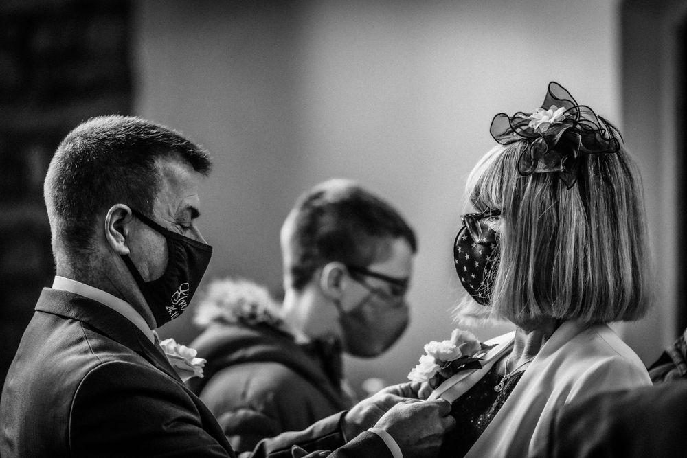 Black and white photo of COVID wedding in Manchester