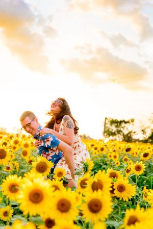 laughing engaged couple doing a piggyback ride in a sunflower field at sunset in Chicago
