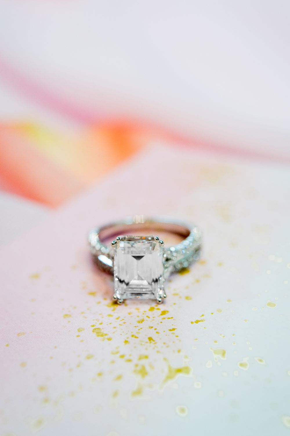 Emerald cut wedding ring on stationary, wedding, colorful, Benison, Cincinnati OH