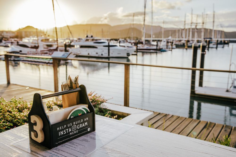 view marina at sunset with table caddy in foreground